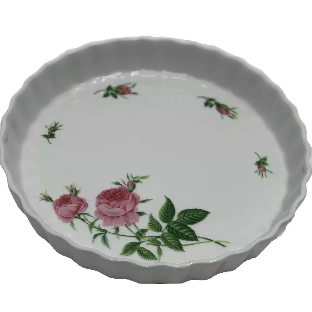 Vintage Pan Christine Holm Ceramic Quiche Tart Pan White Pink Flower Pie Rose